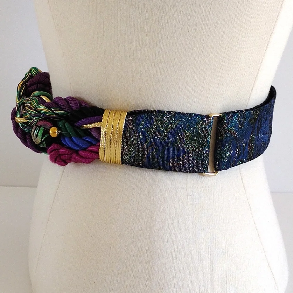 Vintage 80s Ione Jewel-Tone Braided Beaded Adjustable Wide Belt